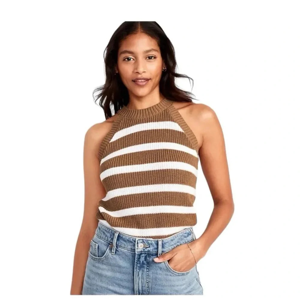 Old Navy Brown and White Striped Ribbed Halter Sweater Tank
